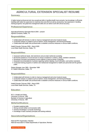 Agricultural Extension Specialist Resume Example