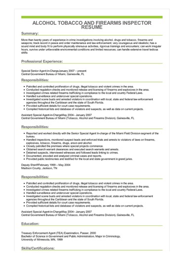 sample alcohol tobacco and firearms inspector resume resume examples for maintenance