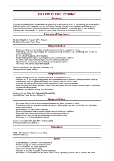 Billing Clerk Resume Example