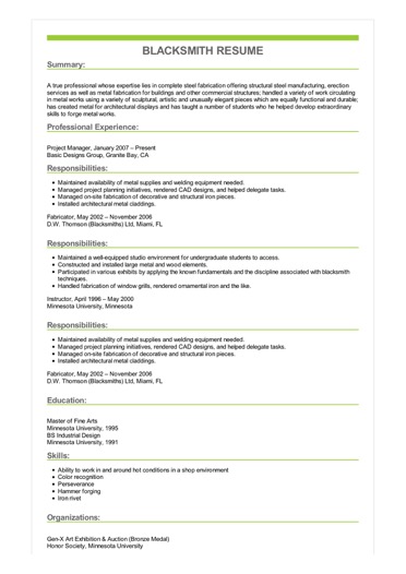 sample blacksmith resume create a resume cover letters