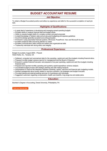 sample budget accountant resume duties and responsibilities resumes