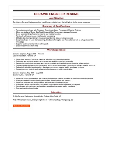 sample ceramic engineer resume production engineering resumes