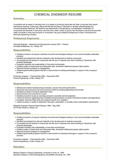 sample chemical engineer resume chemical engineer resumes