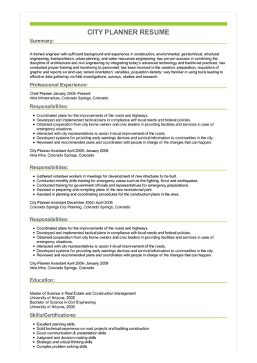 Sample City Planner Resume