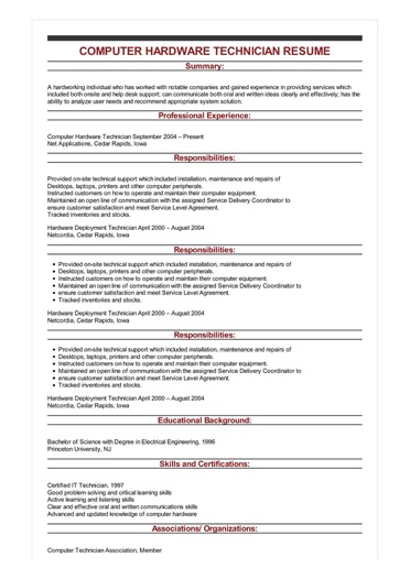 sample computer hardware technician resume hardware resume