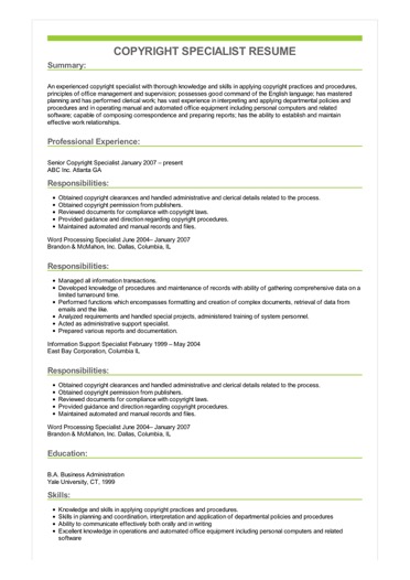 Copyright Specialist Resume Example
