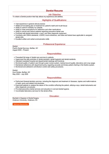 Dentist Resume Great Sample Resume