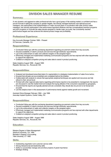 Division sales manager resume