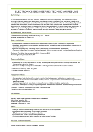 Electronics Engineering Technician Resume Example