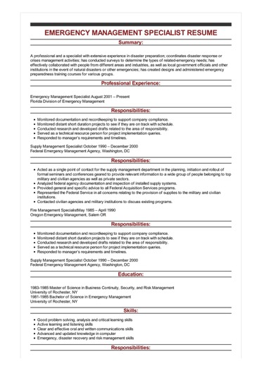 Emergency Management Specialist Resume Example