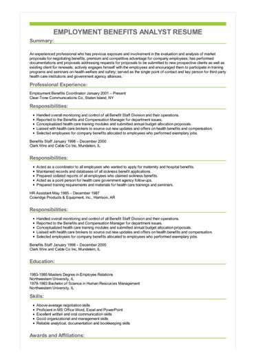 sample employment benefits analyst resume great objective for resumes