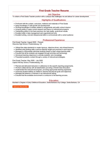 2 First Grade Teacher Resume Samples