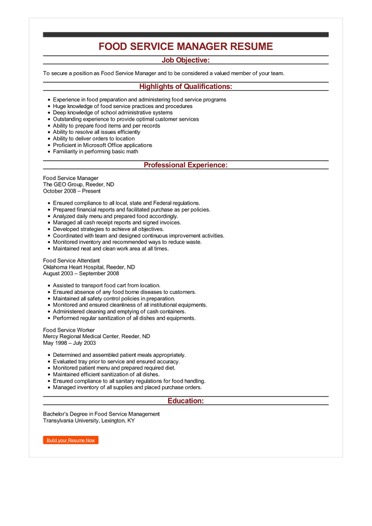 food service manager resume examples
