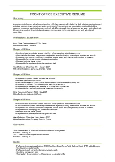 Sample Front Office Executive Resume