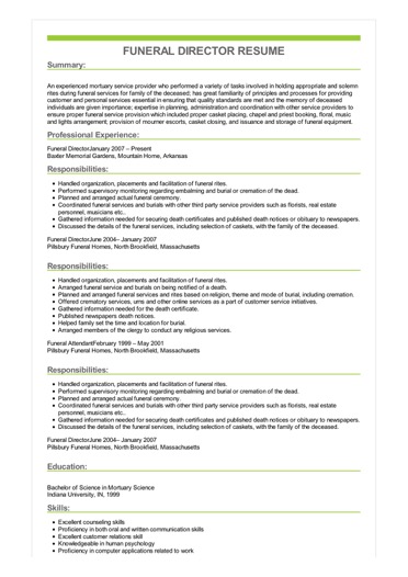 sample funeral director resume funeral director resume