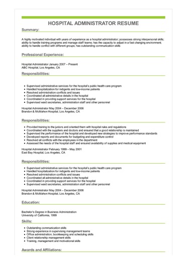 Sample Hospital Administrator Resume