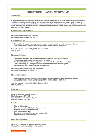 sample industrial hygienist resume basic job resumes