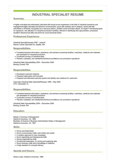 Industrial Specialist Resume Example