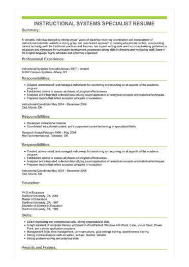 Sample Instructional Systems Specialist Resume