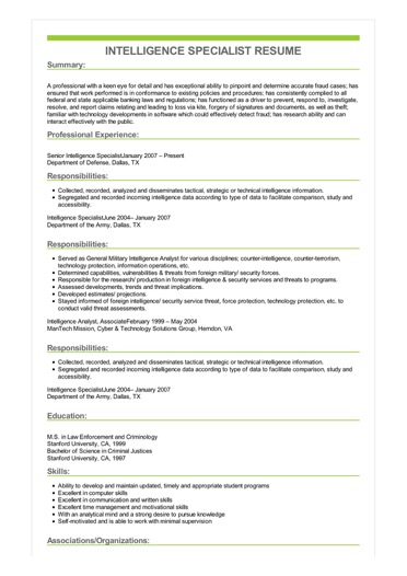 sample intelligence specialist resume intelligence resumes