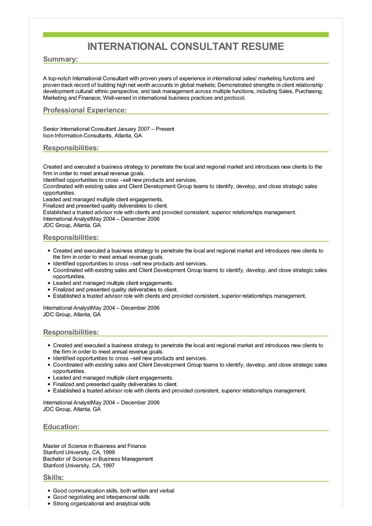sample international consultant resume