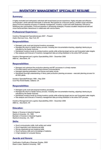 Inventory Management Specialist Resume Example