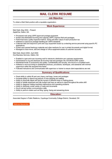 mail clerk resume examples