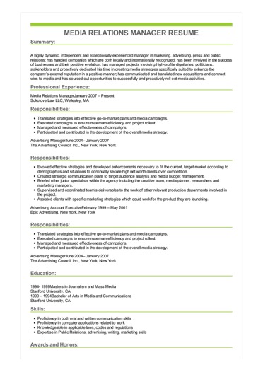 sample media relations manager resume media resumes