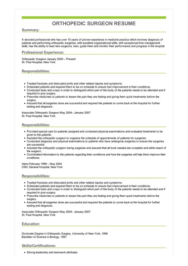 sample orthopedic surgeon resume resume surgeon