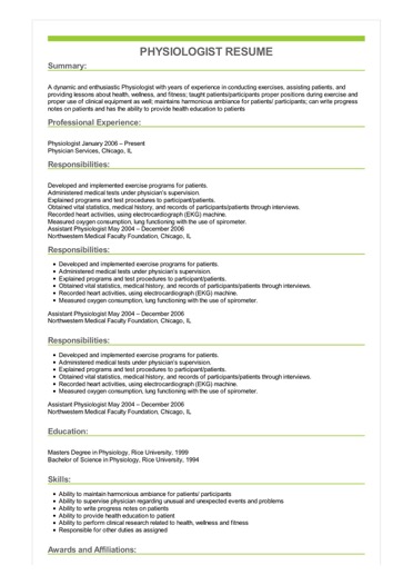 sample physiologist resume functioning resume