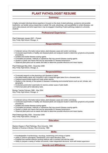 sample plant pathologist resume basic career objective