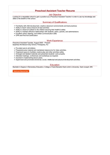 Preschool Assistant Teacher Resume | Great Sample Resume