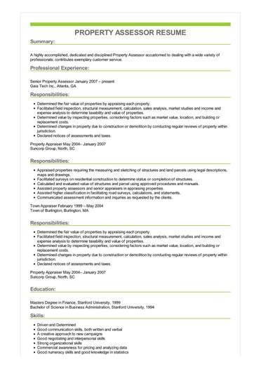 Property Assessor Resume Example