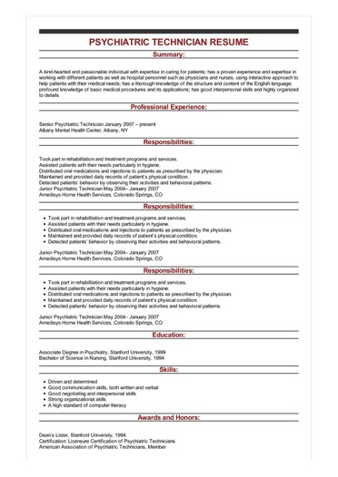 Mental Health Technician Job Description For Resume December 2021