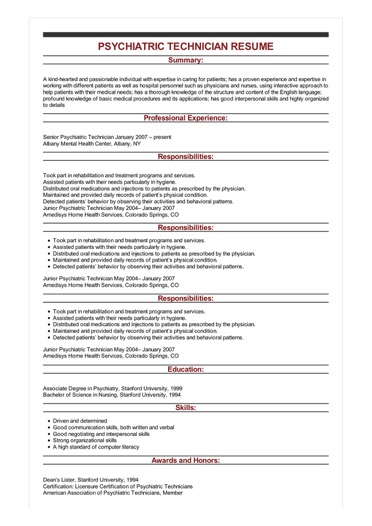 Sample Psychiatric Technician Resume