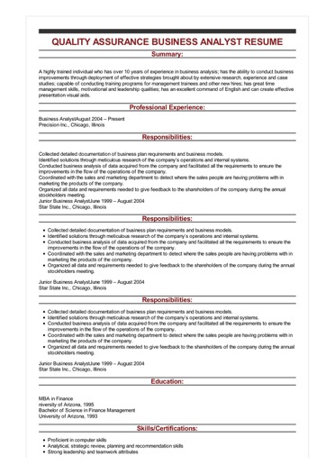 sample quality assurance business analyst resume