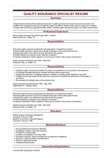 Quality Assurance Specialist Resume Example