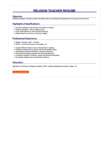 resume teacher religion sample samples examples resumes