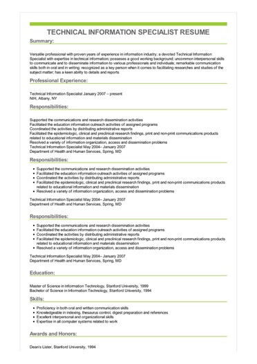 sample technical information specialist resume technical expertise resumes