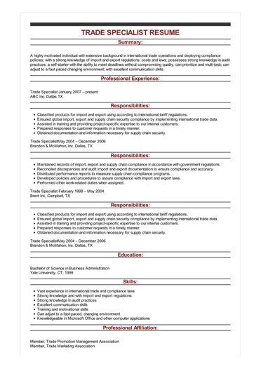 Trade Specialist Resume Example