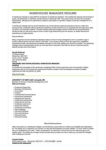 sample warehouse manager resume warehouse manager resumes