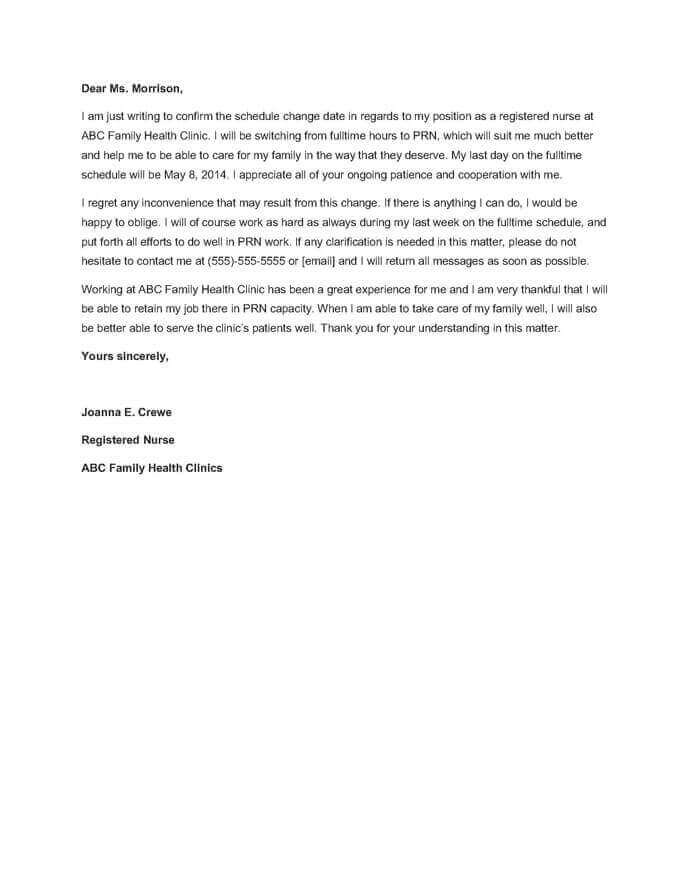 Resignation Letter from Fulltime to PRN letter sample