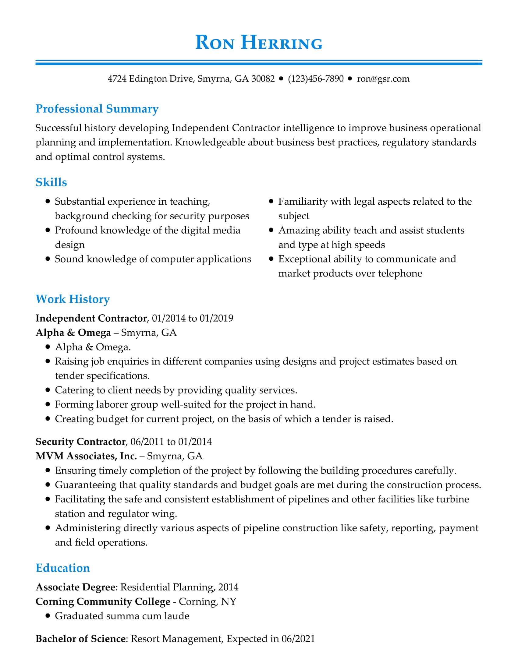 sample resume for one job experience