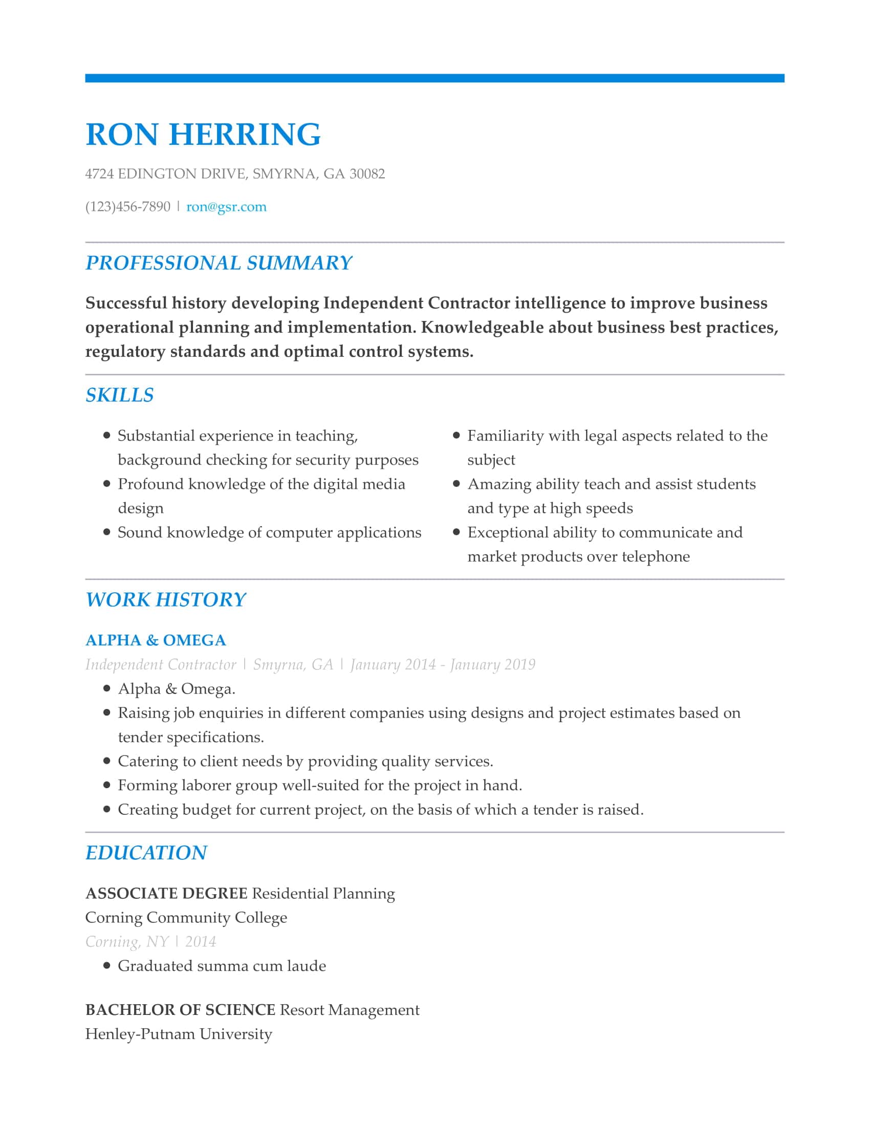 Simple Whitespace Blue Resume Template