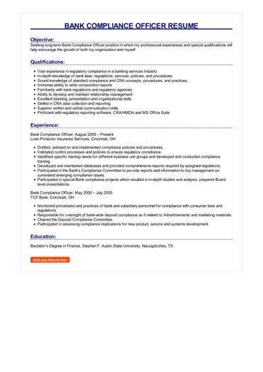bank compliance officer resume