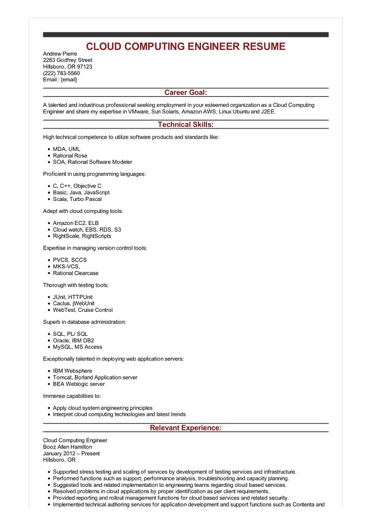 cloud computing engineer resume