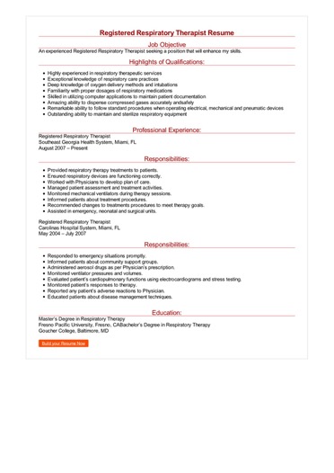 registered respiratory therapist resume